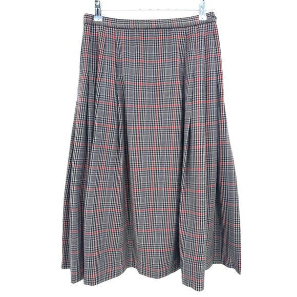 PENDLETON Gray Blue Red Plaid Pleated 100% Virgin Wool Midi Skirt Size 12 - Picture 1 of 5